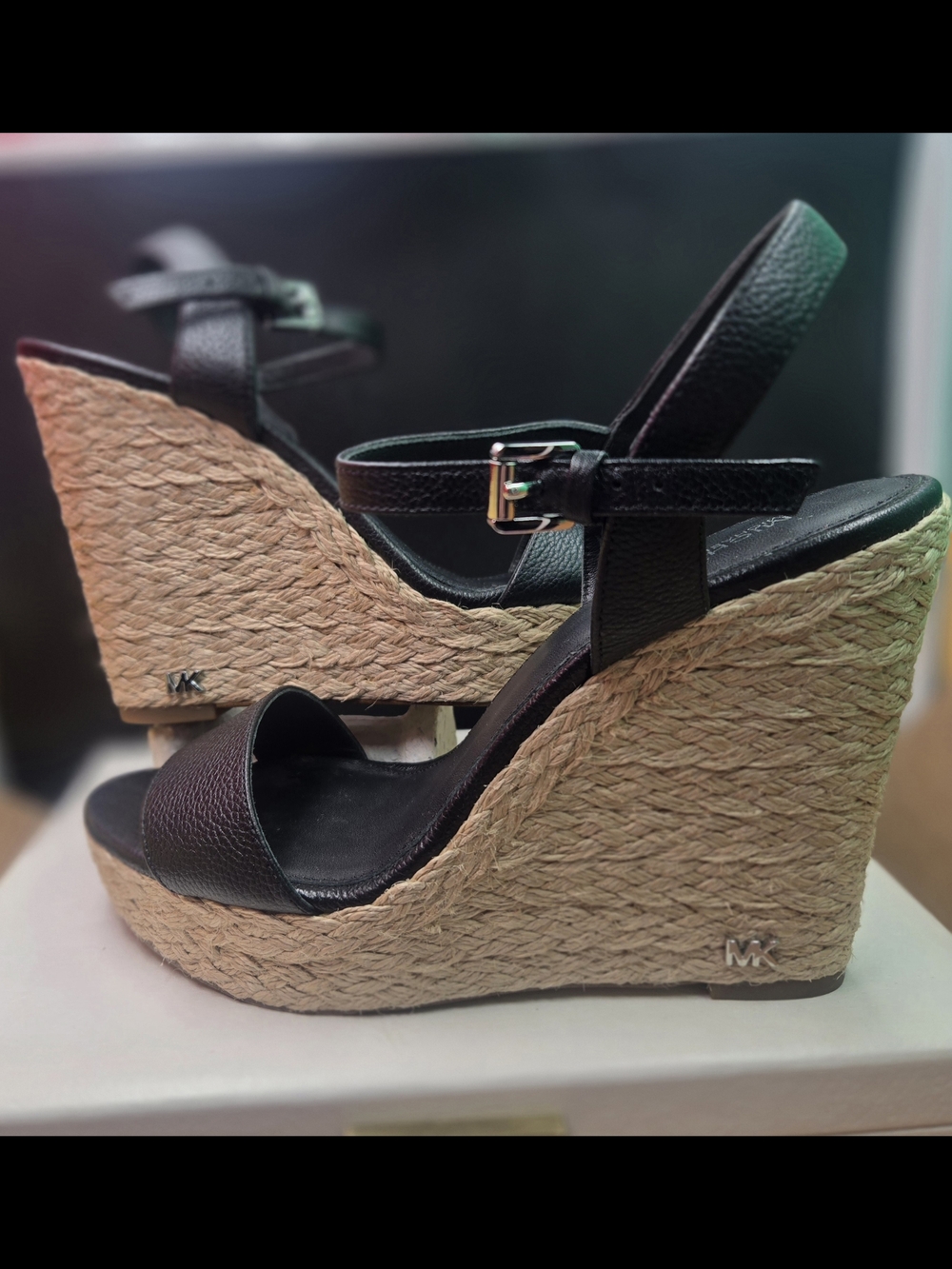 Michael Kors Black Leather Espadrille Wedge Sandals
